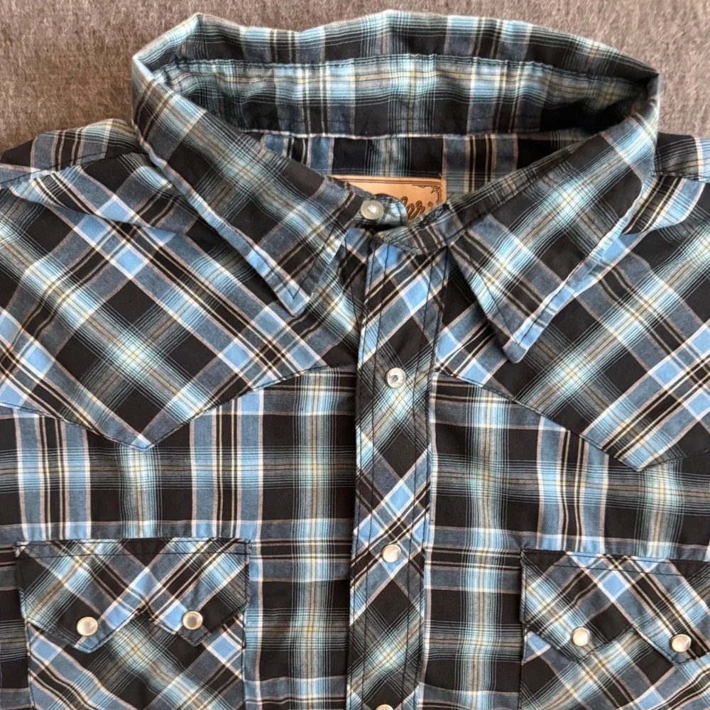 Wrangler Mens Western Snap Shirt 2XL Blue Black Plaid Short Sleeve Pearl Snap